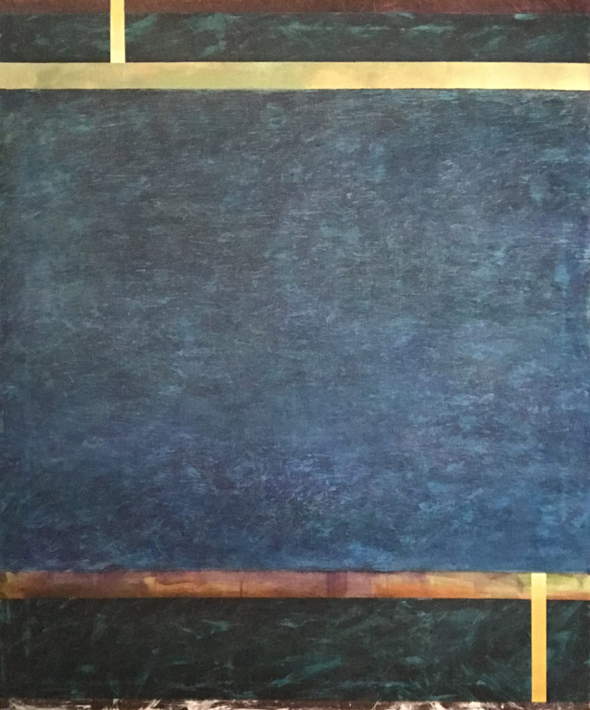 An abstract painting, predominantly blue, with yellow stripes.