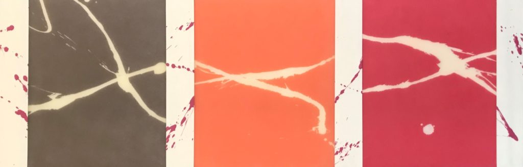 A horizontal, abstract paint with linear and random lines, colors: red, orange, umber.