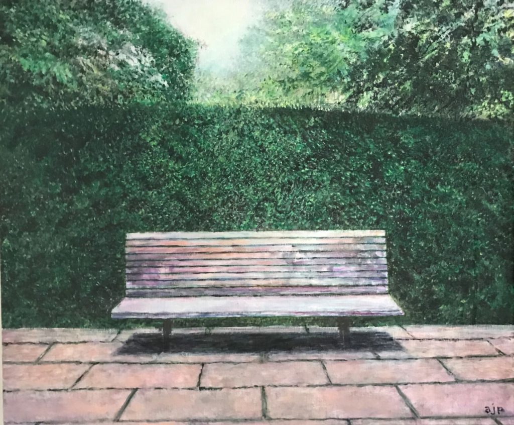 a painting of a park bench in center; Olmstead Highland Park, Rochester, NY; large slate slabs, green hedgerow, green trees over hang, white sky in background