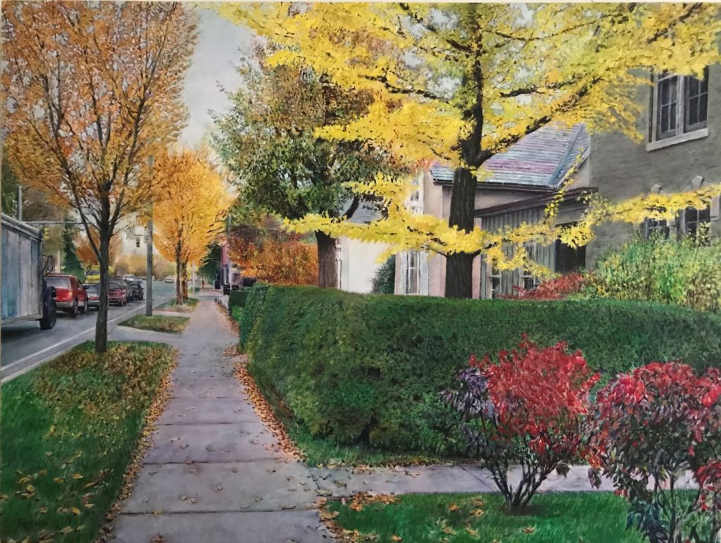 painting of fall colors, yellow, orange, red, trees and hedges; sidewalk view northward, traffic on street to left, three Victorian houses on right.