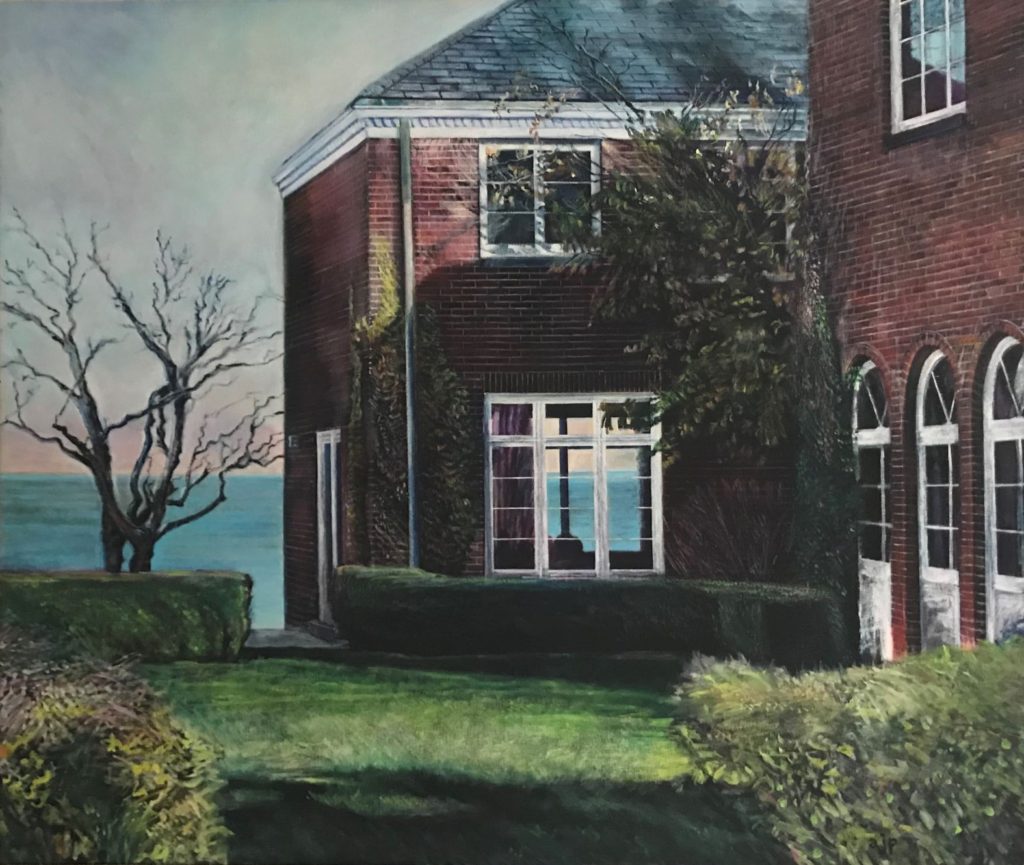 painting of portion of affluent, beautiful brick house on Rock Beach, Irondequoit, NY;, yard, tree without leaves, over looking Lake Ontario; green red, earth colors with muted blue-white sky